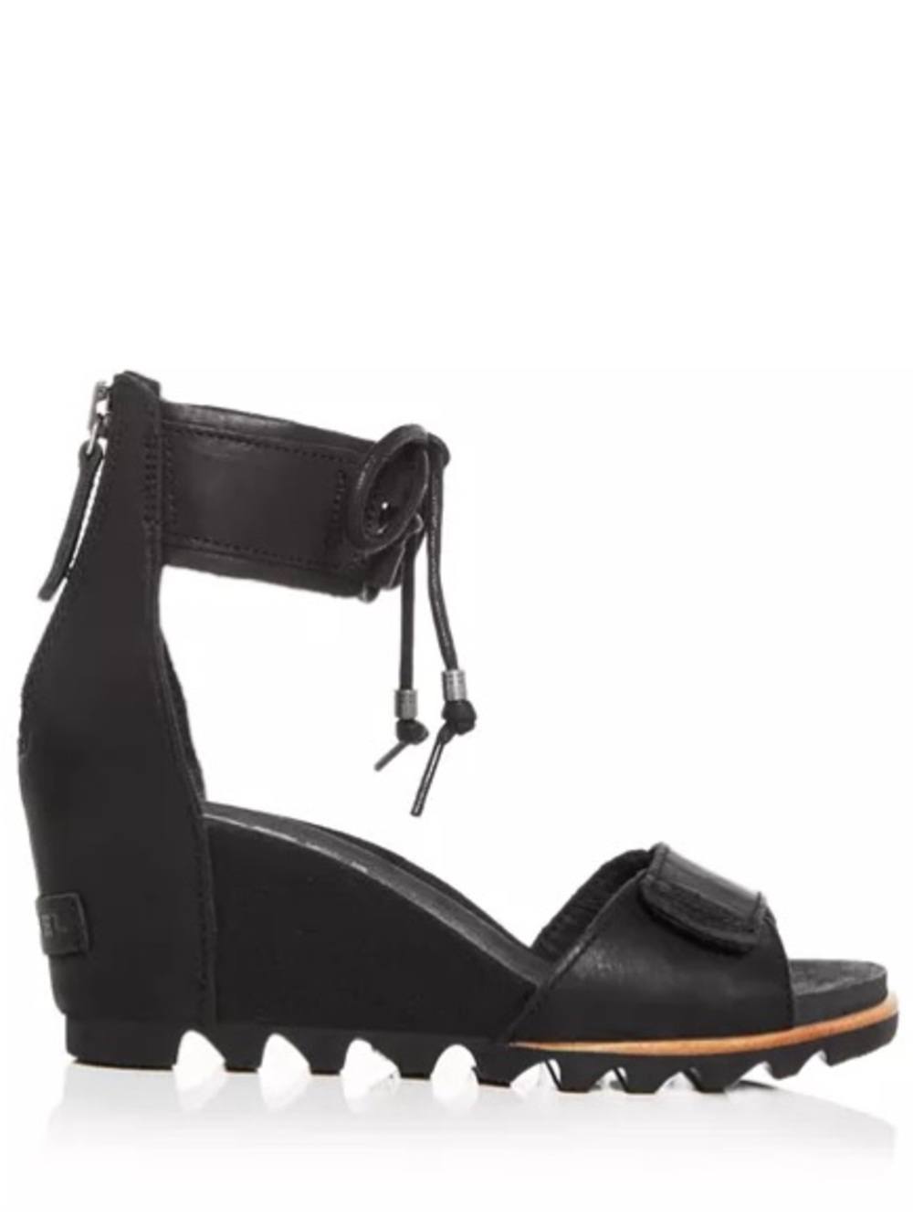 Size 10.5 Sorel Joanie Womens Black Ankle-Strap Wedge Sandals Leather Lace Up